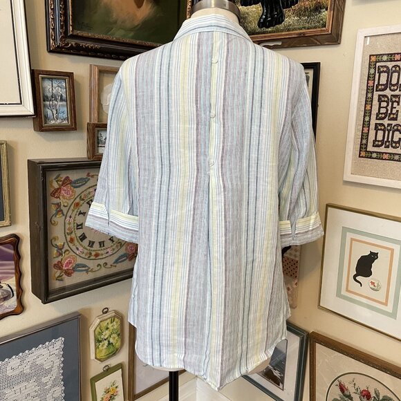 Chicos No-Iron 100% Linen Blue White Green Chevron Striped Button-Up Shirt - Picture 4 of 8